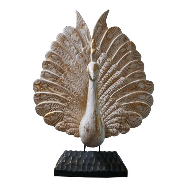 Vintage Hand-Carved Whitewashed Peacock Sculpture on Textured Black Base For Sale