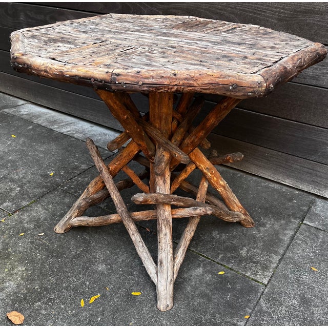 American Adirondack Twig Side Table Octagonal Shaped Very Rustic - Very Folk Art "very rustic with exposed "rusty" nails...