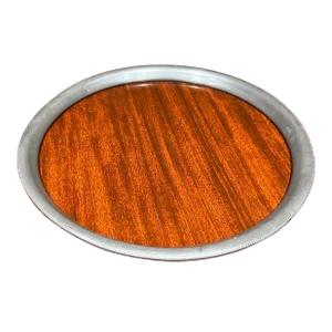 1970s Round Serving Tray Faux Wood Revere Pewter