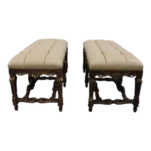 Hand Carved & Gilded Window Benches W/ Leather Seats