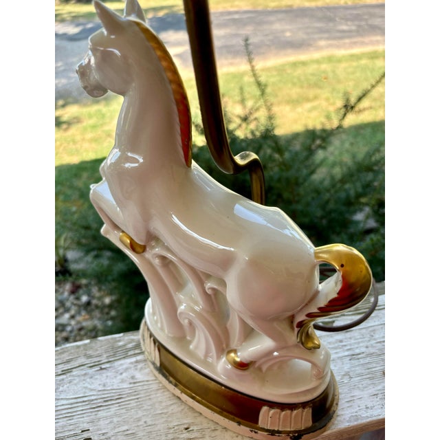 Vintage Art Deco White Gold Porcelain Horse Sculpture Lamp For Sale - Image 4 of 12