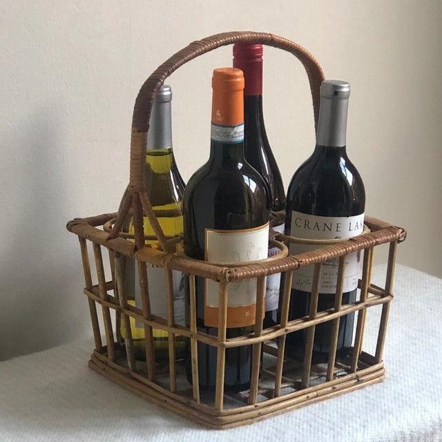 Mid-Century Modern Mid-20th Century Four Bottle Rattan Wine Caddy For Sale - Image 3 of 12