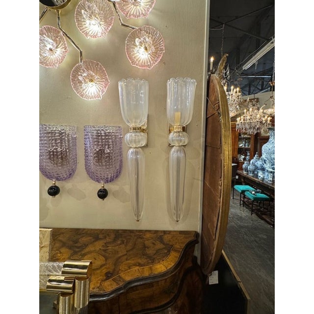 Elegant pair opalescent Murano glass cone form sconces on brass bases after Seguso. Creates a polished look! 27h x 5.5w x 8d