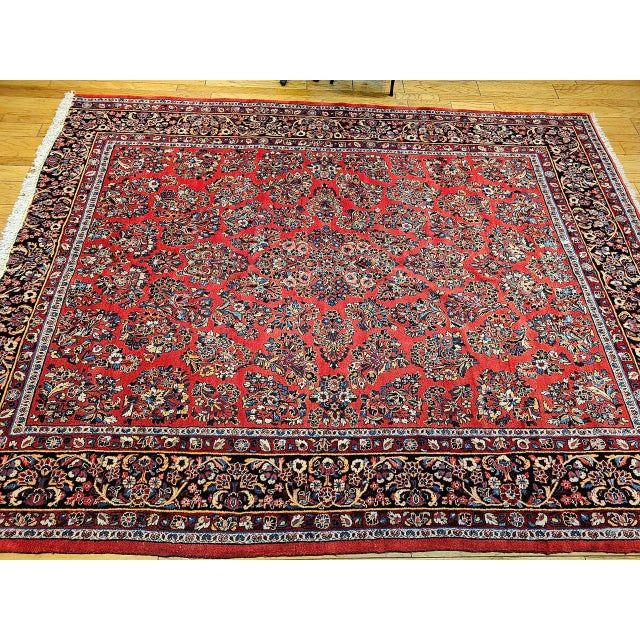 Antique Sarouk Area Rug, Hand-Knotted Wool, Allover Floral Pattern, 9x11, Red & Navy For Sale - Image 4 of 16