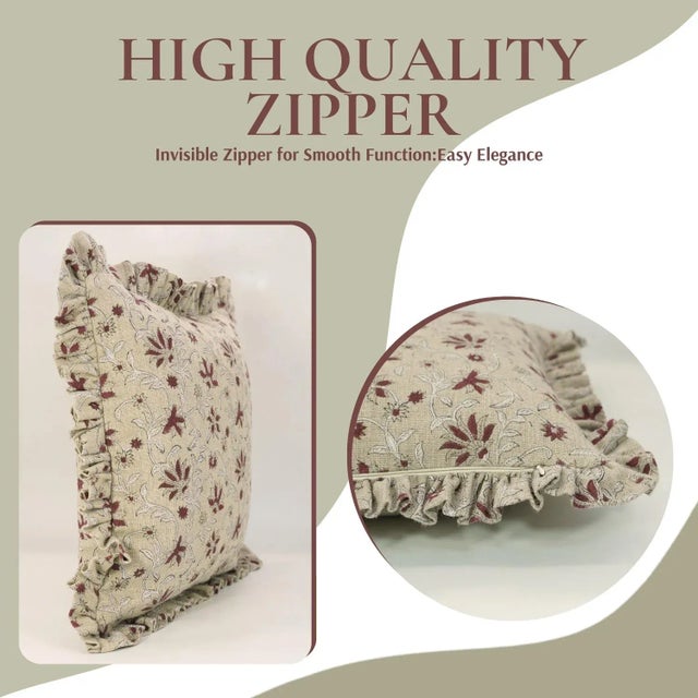 Art Deco Fabdivine Eco-Friendly Block Printed Frill Cover Cover 16x16 Inch Thick Linen- Aradhana For Sale - Image 3 of 5