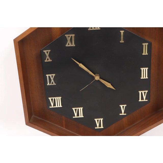 1970s Mid Century Modern Howard Miller Wood Roman Numeral Wall Clock Usa For Sale - Image 9 of 11