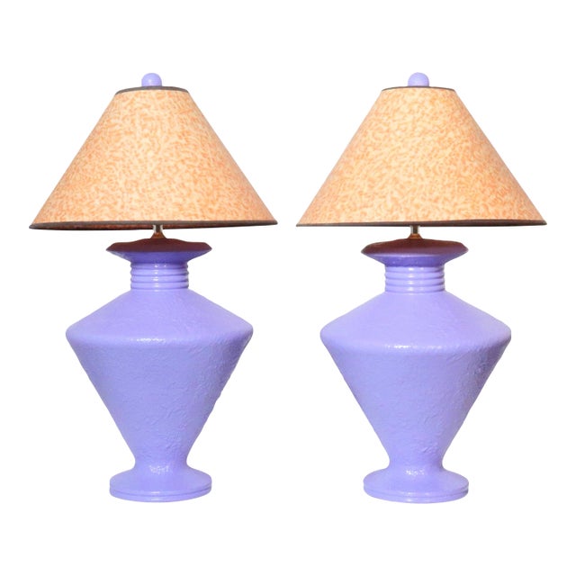 Sculptural Textured Lavender Plaster Lamps with Faux Bois Shades - a Pair For Sale