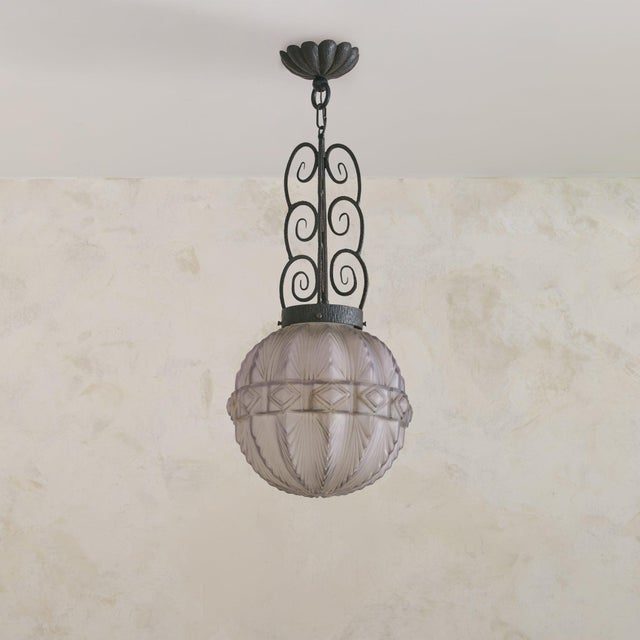 Art Deco 1920s French Art Deco Molded Glass Spherical Pendant For Sale - Image 3 of 10