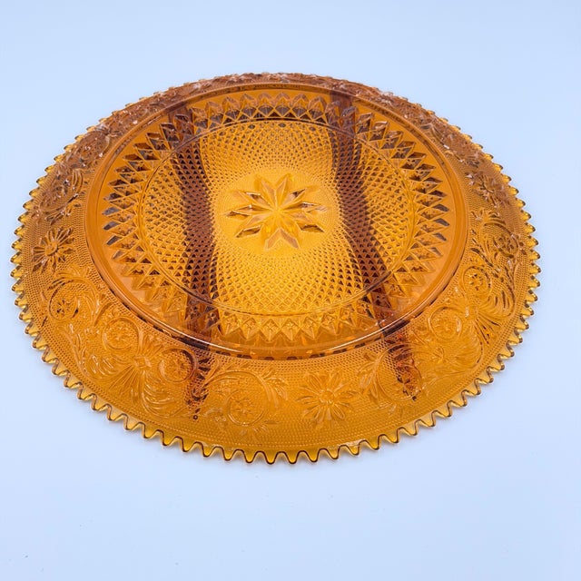 Shabby Chic 1950s Indiana Sandwich Glass Tiara Amber 3-Part Serving Platter Sawtooth Rim 12" Plate For Sale - Image 3 of 5