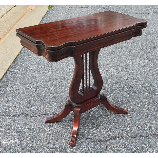 Victorian Late 19th Century Lyre Base Mahogany Fold Top Card Table Game Table For Sale - Image 3 of 7