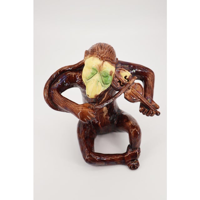19th Century Monkey Playing Violin, Portuguese Palissy Ware For Sale - Image 13 of 15