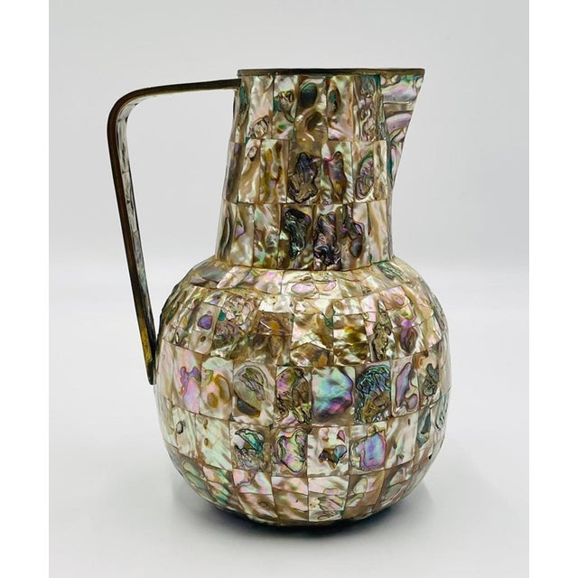 Metal 1960s Mexican Brass and Abalone Shell Pitcher Set With Tray and Eight Cups - 10 pcs For Sale - Image 7 of 18