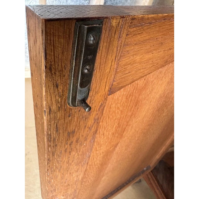 1920 Early American Buffet Cabinet Cupboard Mid-Centry Oak Glass Doors. Latched Drawers & Original Key. For Sale - Image 10 of 12