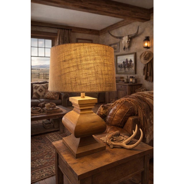 Rustic European Chunky Wooden French Baluster Style Table Lamp With Burlap Drum Shade for Coastal, Rustic Farmhouse, Rustic European, Lodge & Ranch Decor For Sale - Image 3 of 9