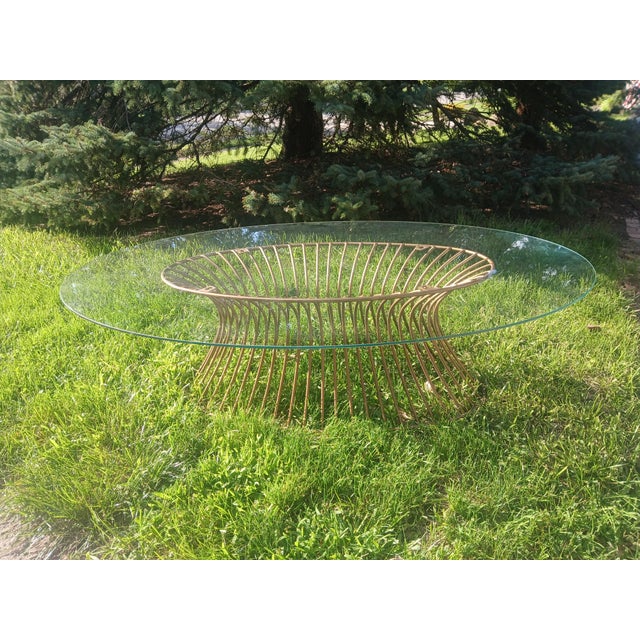Metal 1980s Wrought Iron Gold Wired Cage and Glass Oval Coffee Table For Sale - Image 7 of 11