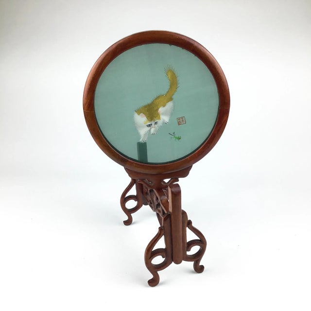 Folk Art Vintage Table Screen Silk Thread Cats For Sale - Image 3 of 13