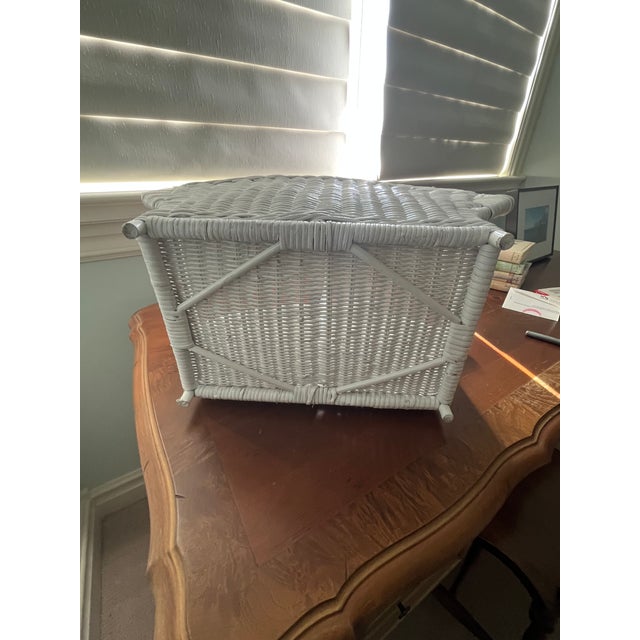 Vintage White Painted Wicker Magazine Holder For Sale - Image 4 of 6