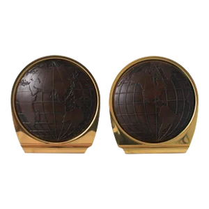 Vintage Brass and Leather Globe Themed Bookends