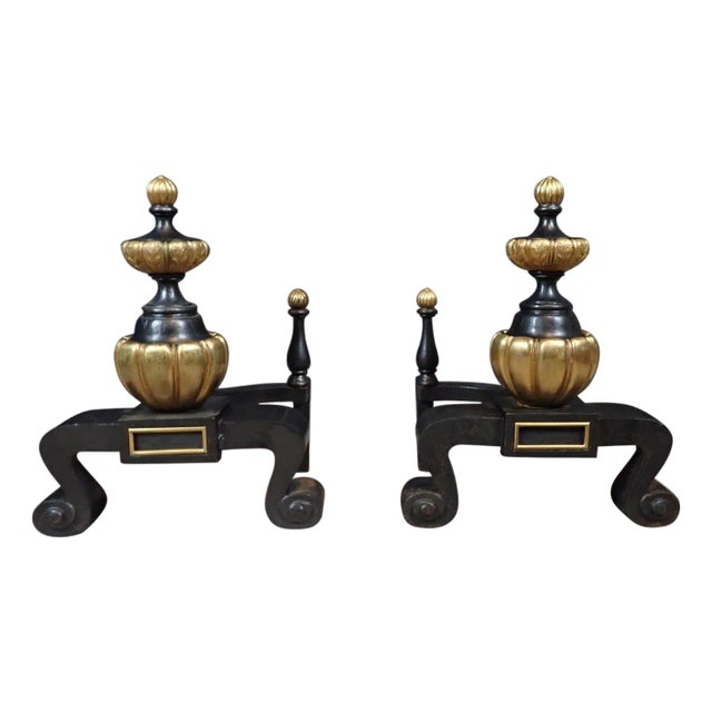 Late 19th Century Gilt Bronze and Iron Regency Andirons/Chenets - A Pair For Sale