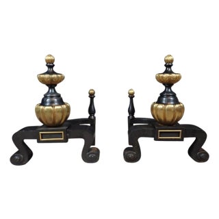 Pair of 19th-Century French Neoclassical Black and Gilt Chenets / Andirons For Sale