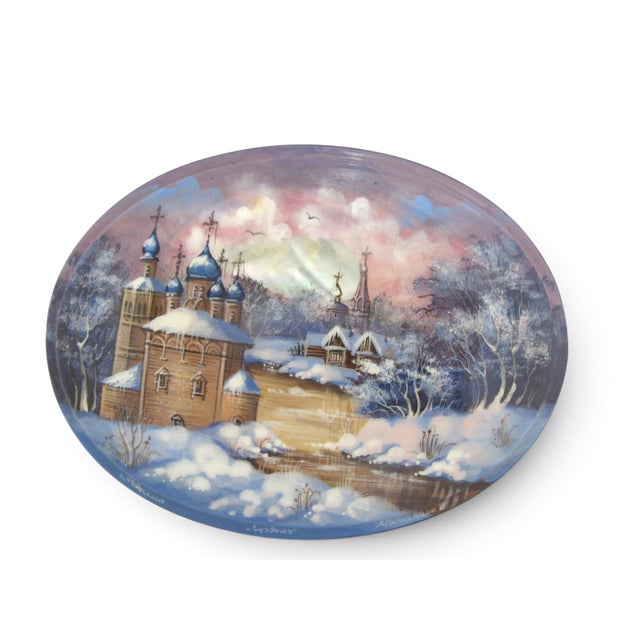 Traditional Russian Fedoskino Hand Painted Winter Suzdal Lacquer Mother of Pearl Box Signed For Sale - Image 3 of 10