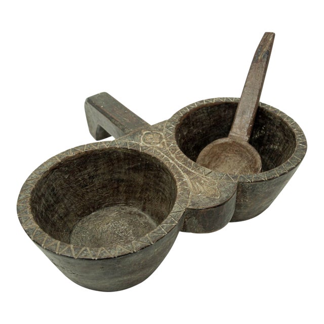 Antique Indian Teakwood Large Container With Rustic Carving and Spoon For Sale