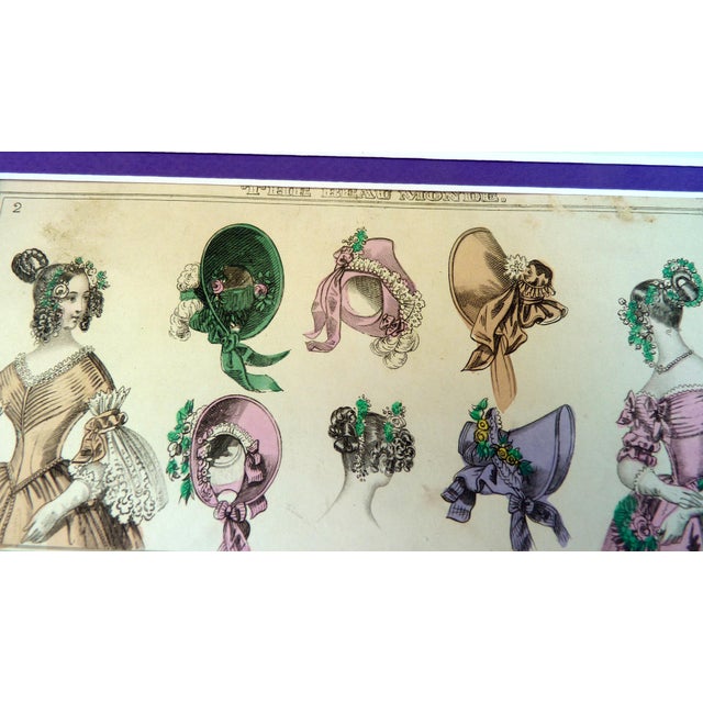 Purple Set of 6 1837 the Beau Monde Hand-Colored Millinery & Fashion Plates 11" X 14" Custom Mat For Sale - Image 8 of 11