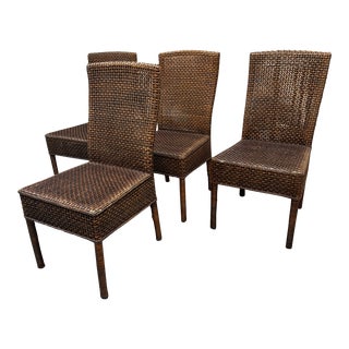 Crate & Barrel Woven Rattan Side Dining Chairs, Set of Four For Sale