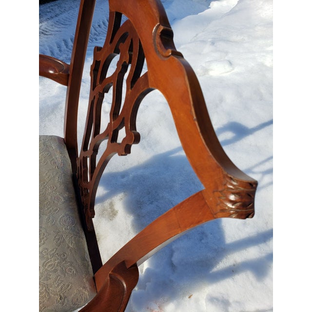 1920s Chippendale Style Dining Room Arm Chair Ivory Brocade Seat Ball & Claw For Sale - Image 10 of 11