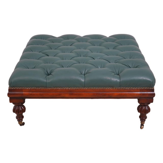 Henredon Mahogany Large Tufted Leather Ottoman For Sale