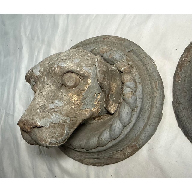 19th Century Pair Antique Hand Carved Dog Architectural Salvage Wall Sculpture Conklin Port For Sale - Image 5 of 13