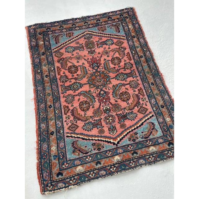 Antique Hamadan Rug in Coral Pink & Sky Blue 2 7 X 3 4 For Sale - Image 9 of 9