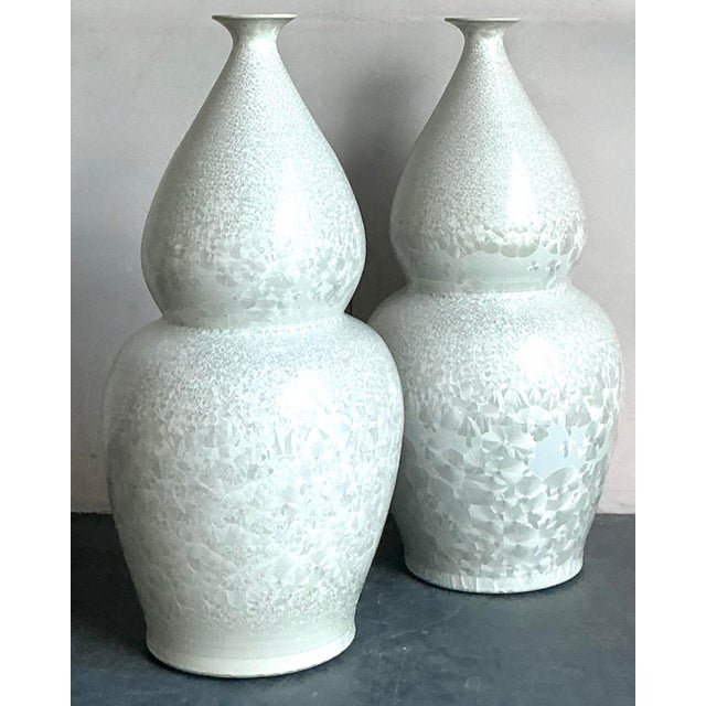 Chinoiserie Vintage Regency Monumental Crystal Glazed Ceramic Gourd Floor Vase - A Pair For Sale - Image 3 of 11