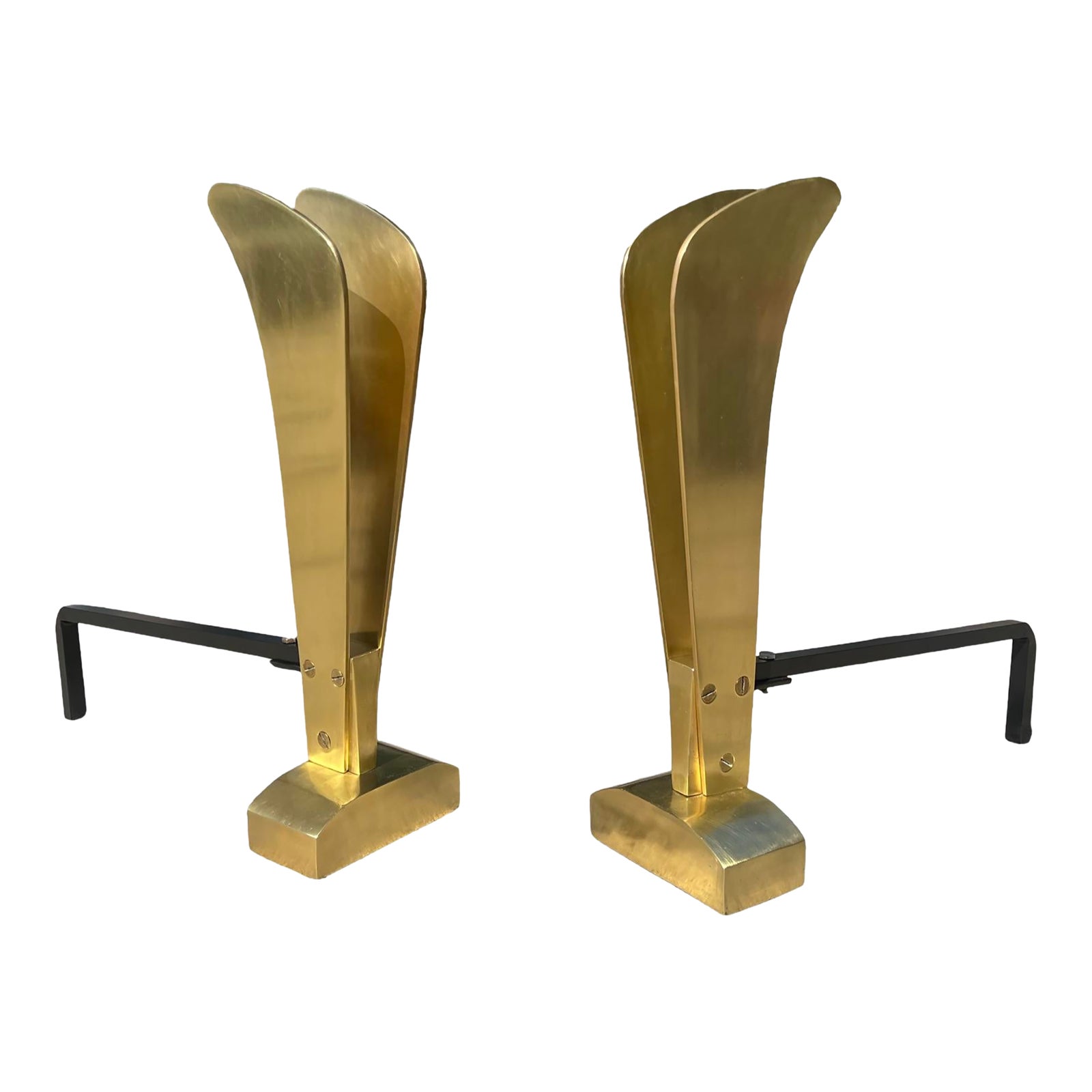 Pair of Vintage 1940s Art Deco Machine Age Solid Brass Andirons
