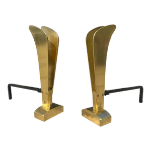 Pair of Vintage 1940s Art Deco Machine Age Solid Brass Andirons / Chenets Fireplace Log Holder Attributed to Donald Deskey