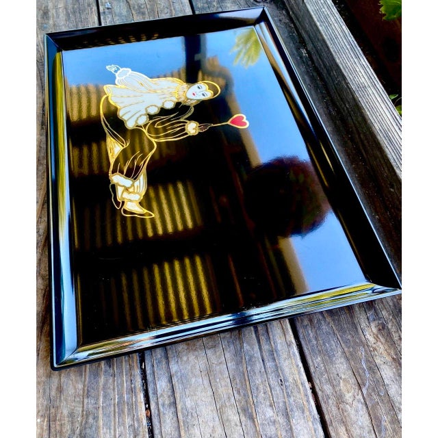 Mid-Century Modern Vintage Couroc Pierrot "Heart" Tray – Brass Inlay Black Lacquer Serving Tray by Couroc of Monterey For Sale - Image 3 of 9