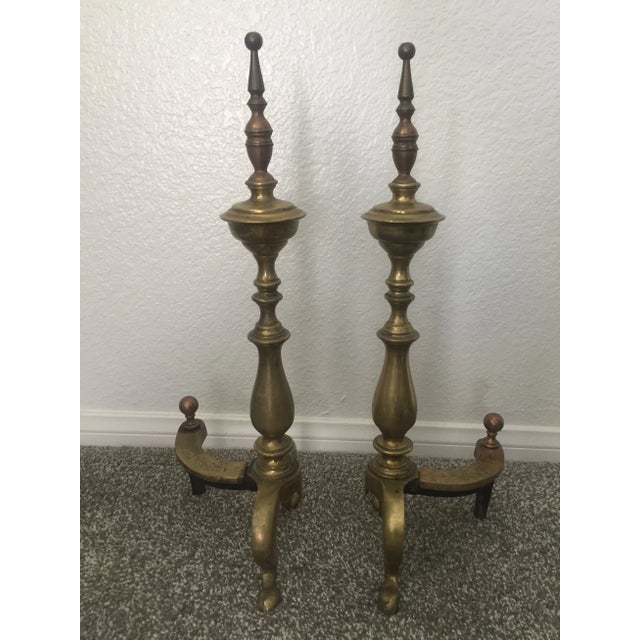 Pair Federal Style Turned Brass Fireplace Andirons - Firedogs. Baluster shaped columns with tall finials painted in copper...