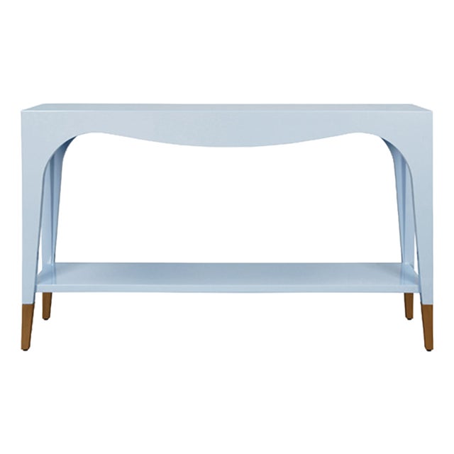 Matthew Izzo Home Laverne Glossy Light Blue Console Table With Antique Brass Foot Caps For Sale