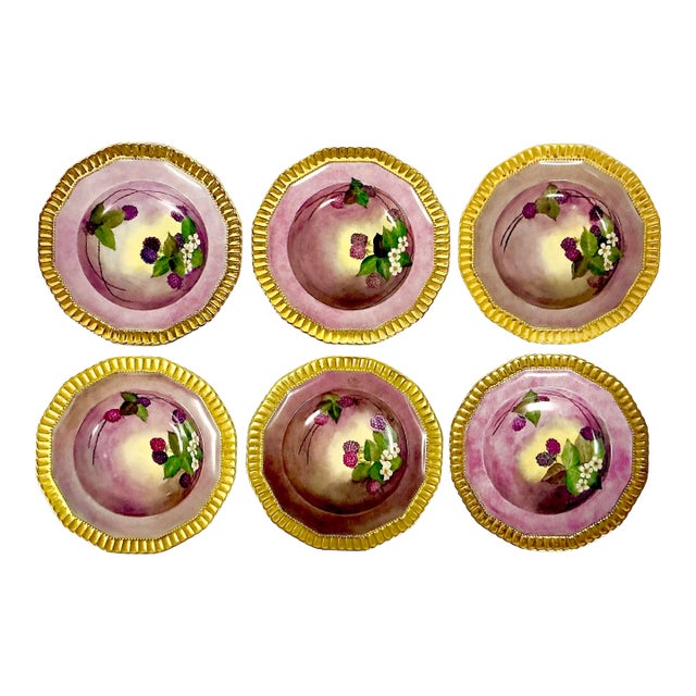 1961 Vintage Boho Chic Hollywood Regency Majolica Czechoslovakia Porcelain Gilded Bowls - Set of 6. For Sale