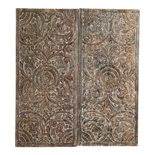 Vintage Hand-Carved Wood Double Doors With Lotus Medallion | Artistic Architectural 80x36 For Sale