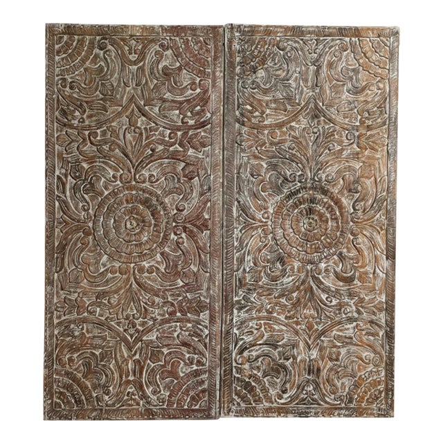 Vintage Hand-Carved Wood Double Doors With Lotus Medallion | Artistic Architectural 80x36 For Sale
