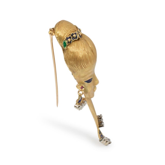 Vintage 18k Yellow Gold Diamond Blue Enamel Face Pin Brooch For Sale - Image 4 of 5