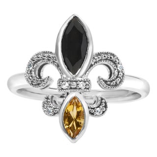 .925 Sterling Silver Black Onyx and Yellow Citrine Marquise and Diamond Accent Fleur De Lis Ring (H-I Color, SI1-SI2 Clarity) - Size 6.5 For Sale
