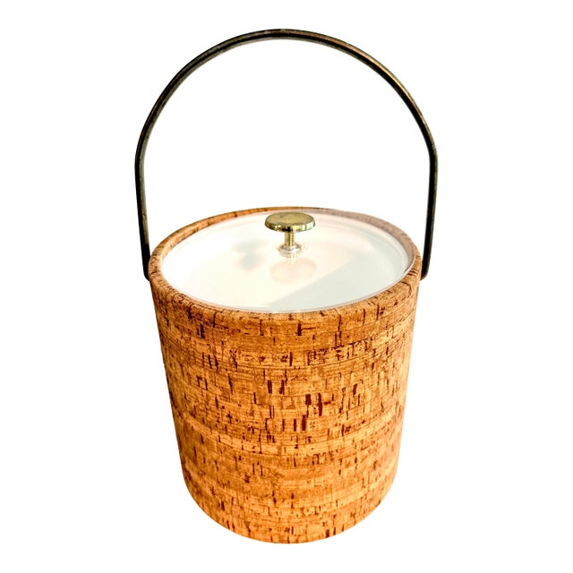 Vintage Kraftware Cork Ice Bucket With Lucite Lid & Brass Handle | Mid-Century Barware Made in Usa For Sale