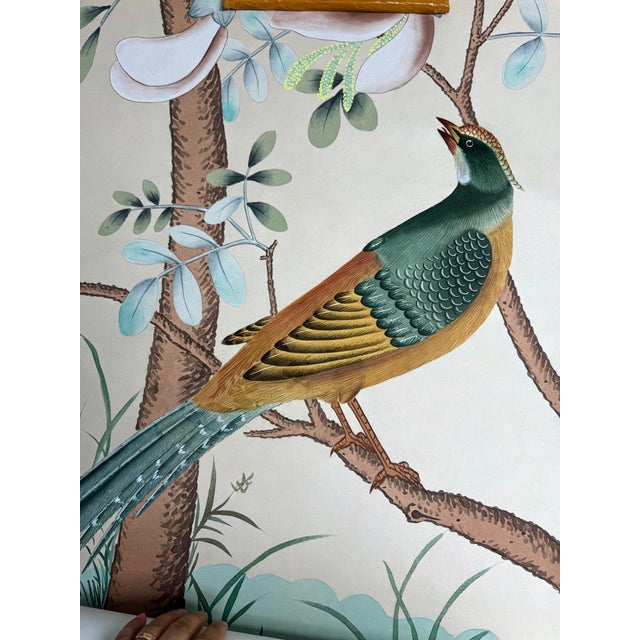 Hand‑Painted Chinoiserie Tropical Garden Mural Wall Panels, Botanical Bird & Fruit Wallpaper For Sale - Image 9 of 11