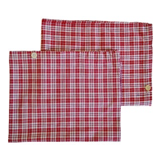 Vintage Red Check Homespun Pillow Covers - A Pair - For Sale