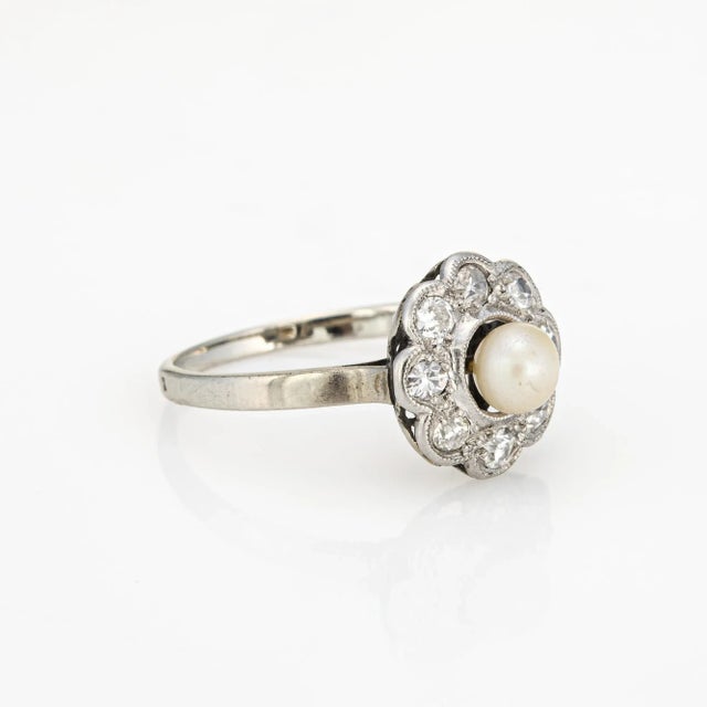 Traditional Antique Edwardian Pearl Diamond Cluster 18k White Gold Ring, Size 6 For Sale - Image 3 of 6