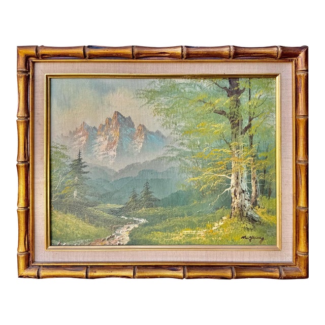 Vintage Signed Natural Landscape Oil Painting W/ Faux Bamboo Gilt Frame For Sale