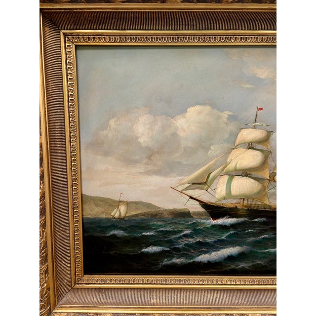 Antique Original Large Oil Painting (Unsigned) of a 3-Masted Clipper Ship - Framed For Sale - Image 4 of 14