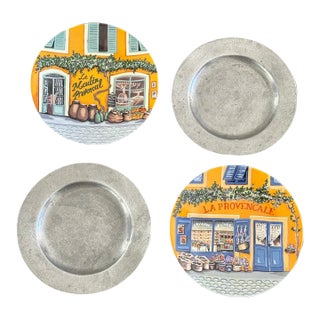 Curated Vintage French Limoges Porcelain and Hand-Forged Pewter Dessert Plates - Set of 4 For Sale